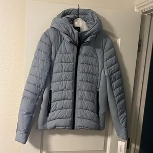 Slate blue puffer.  Stretchy neoprene sides